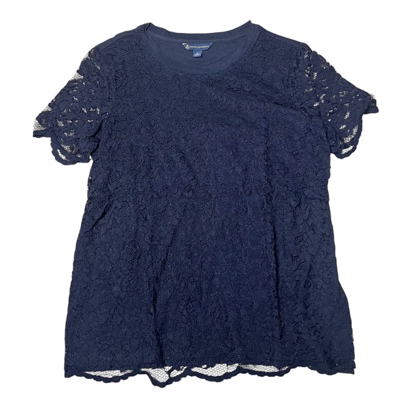 Brooks Brothers Tops - Brooks Brothers Navy Blue Floral Lace Overlay Short Sleeve Top Crew Neck Medium